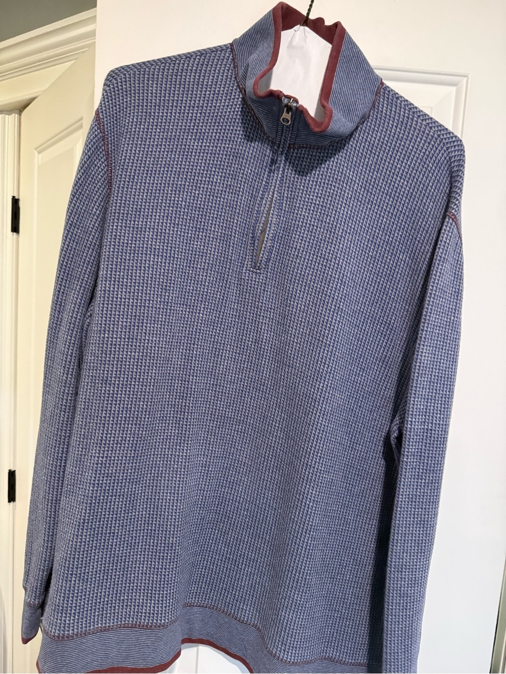 Robert Graham Men's Light Blue Waffle-Knit Quarter Zip with Rust Trim